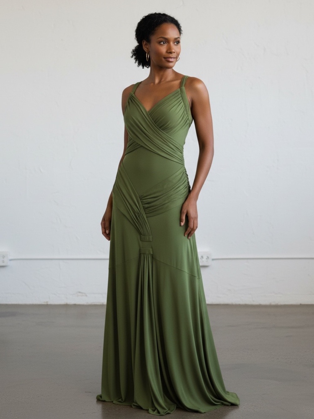 Elegant Olive Green Draped Maxi Dress - Women's Formal Gown